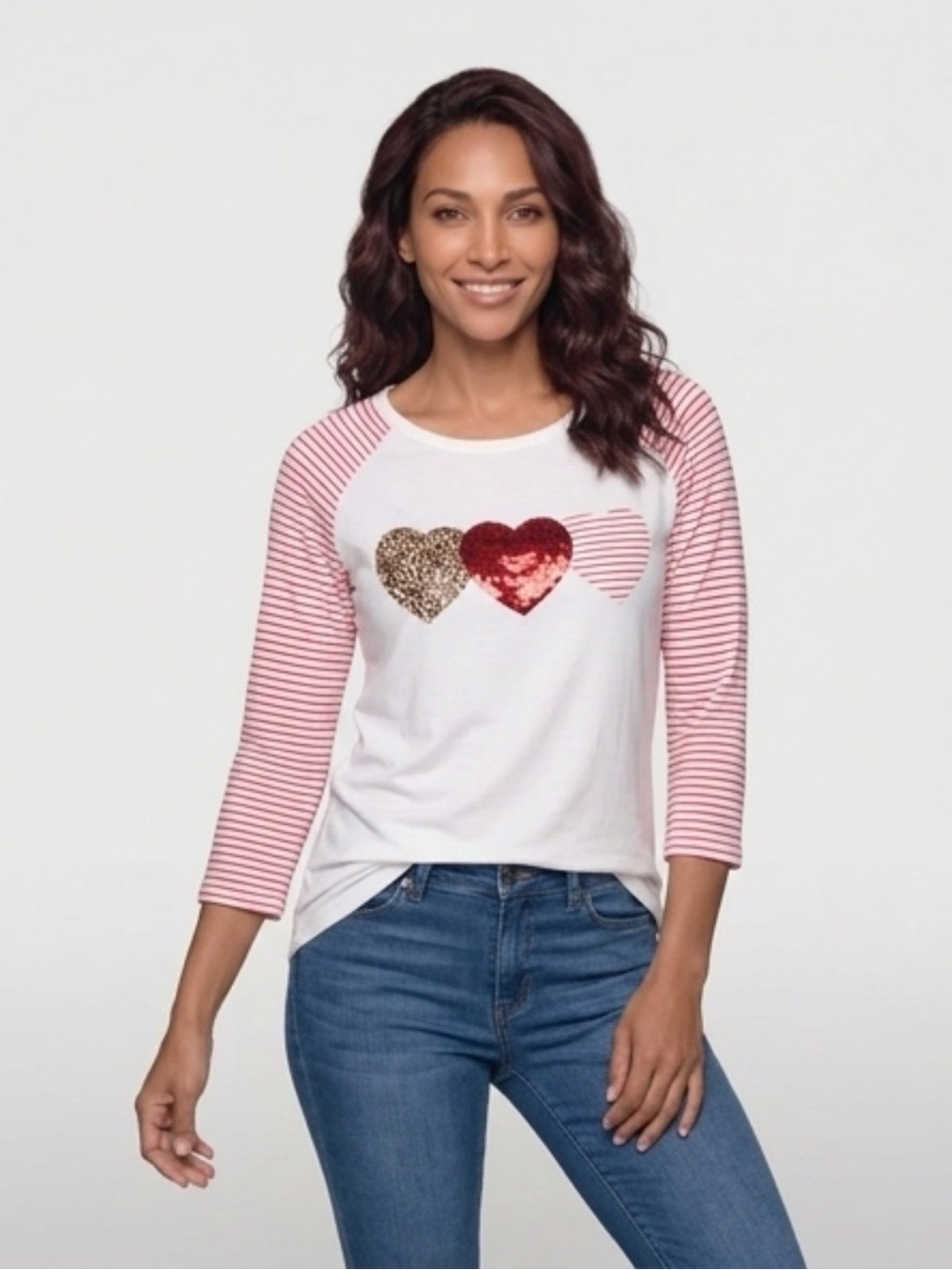 Women’s White & Pink Raglan Heart Sequin Tee